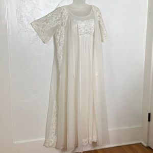 Vintage Shadow Line Nylon white lace maxi intimate sheer slip dress & robe SZ M